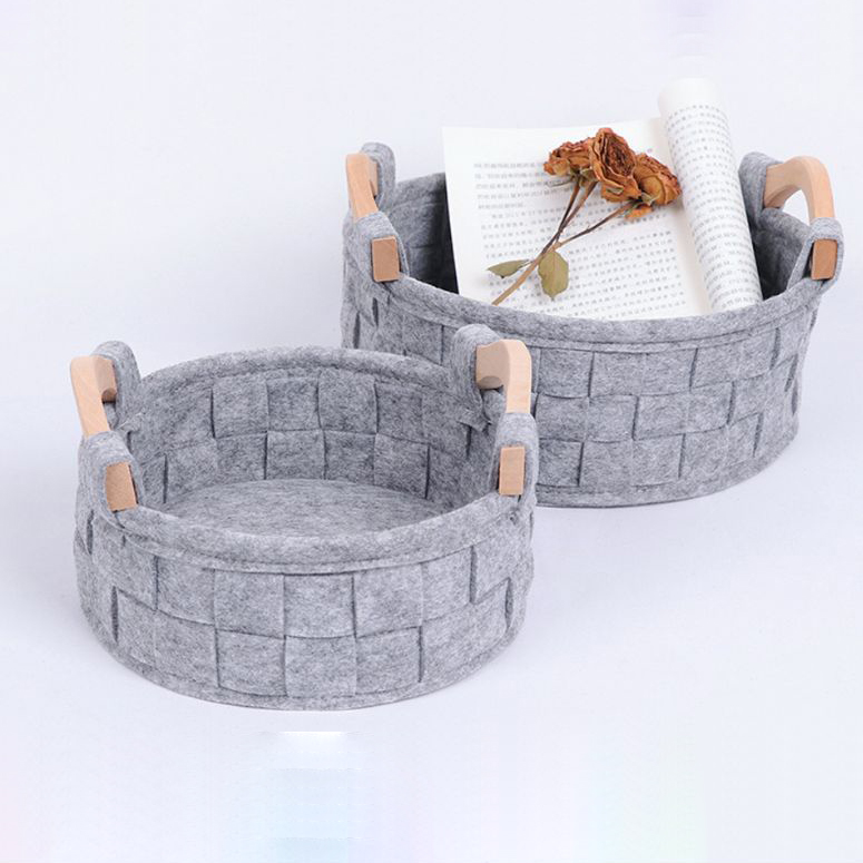 Closet Organizers And Felt Storage Baskets with Wooden Handles Clothes Toys Books Open Bin Baskets Soft Felt Storage Basket