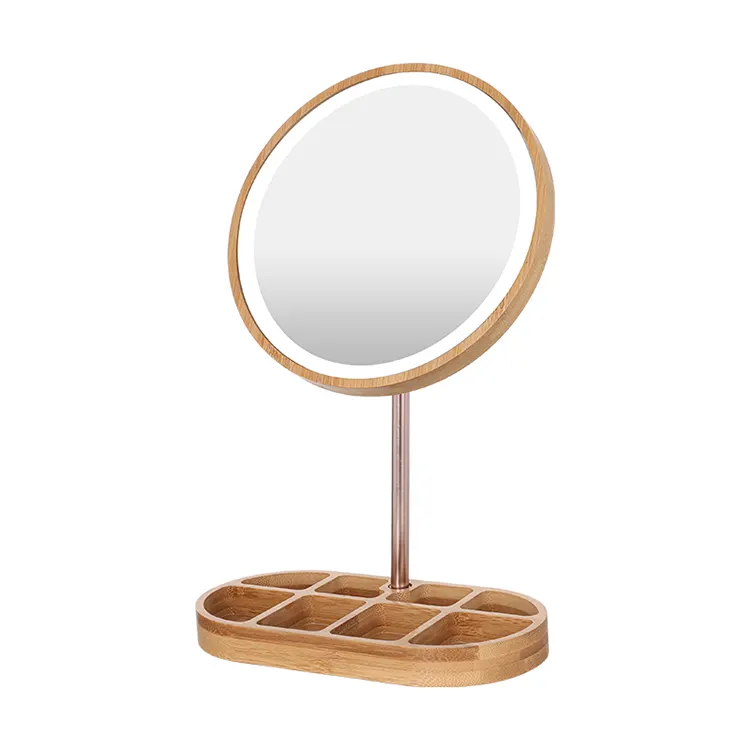 New Arrival Led Wooden Makeup Mirror Premium Desktop Round Table Wood Frame Wooden Mirror Drawer Locker Combined Dresser