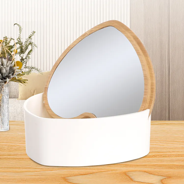 Modern Style Bamboo Cover With Mirror Bathroom Desktop Luxury Jewelry Mirror Storage Box