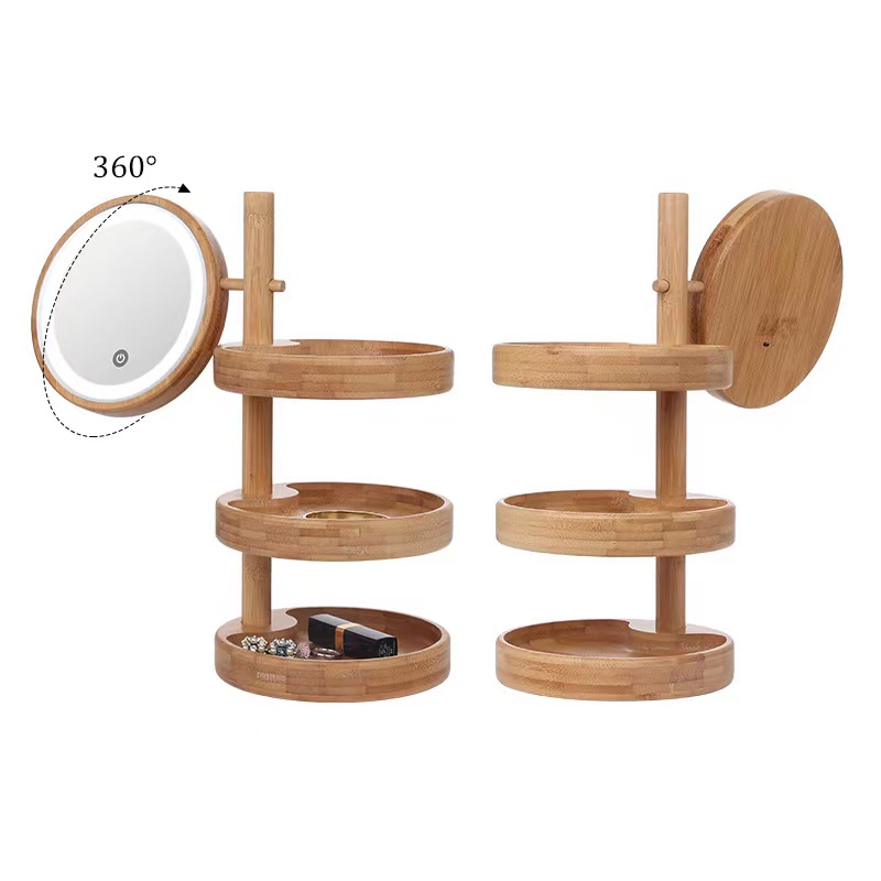 Wholesale Customized Stand Round Led Cosmetic Mirror with Bamboo Makeup Train Case Storage Drawer Smart Glass Light Up Mirror