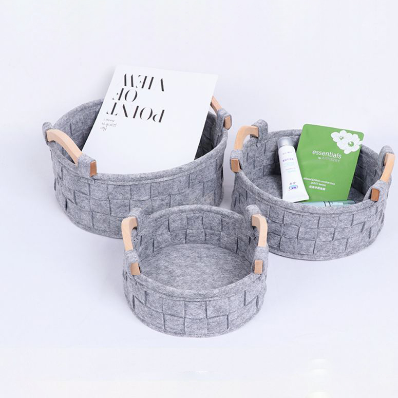 Closet Organizers And Felt Storage Baskets with Wooden Handles Clothes Toys Books Open Bin Baskets Soft Felt Storage Basket